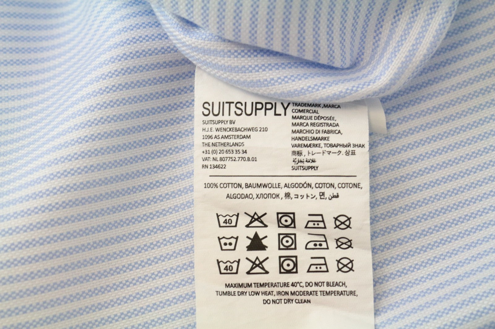 SUITSUPPLY vyriški formalūs marškinėliai 40L/15.75L dryžuoti mėlyni medvilniniai ypač ploni klasikinio kirpimo marškinėliai 
