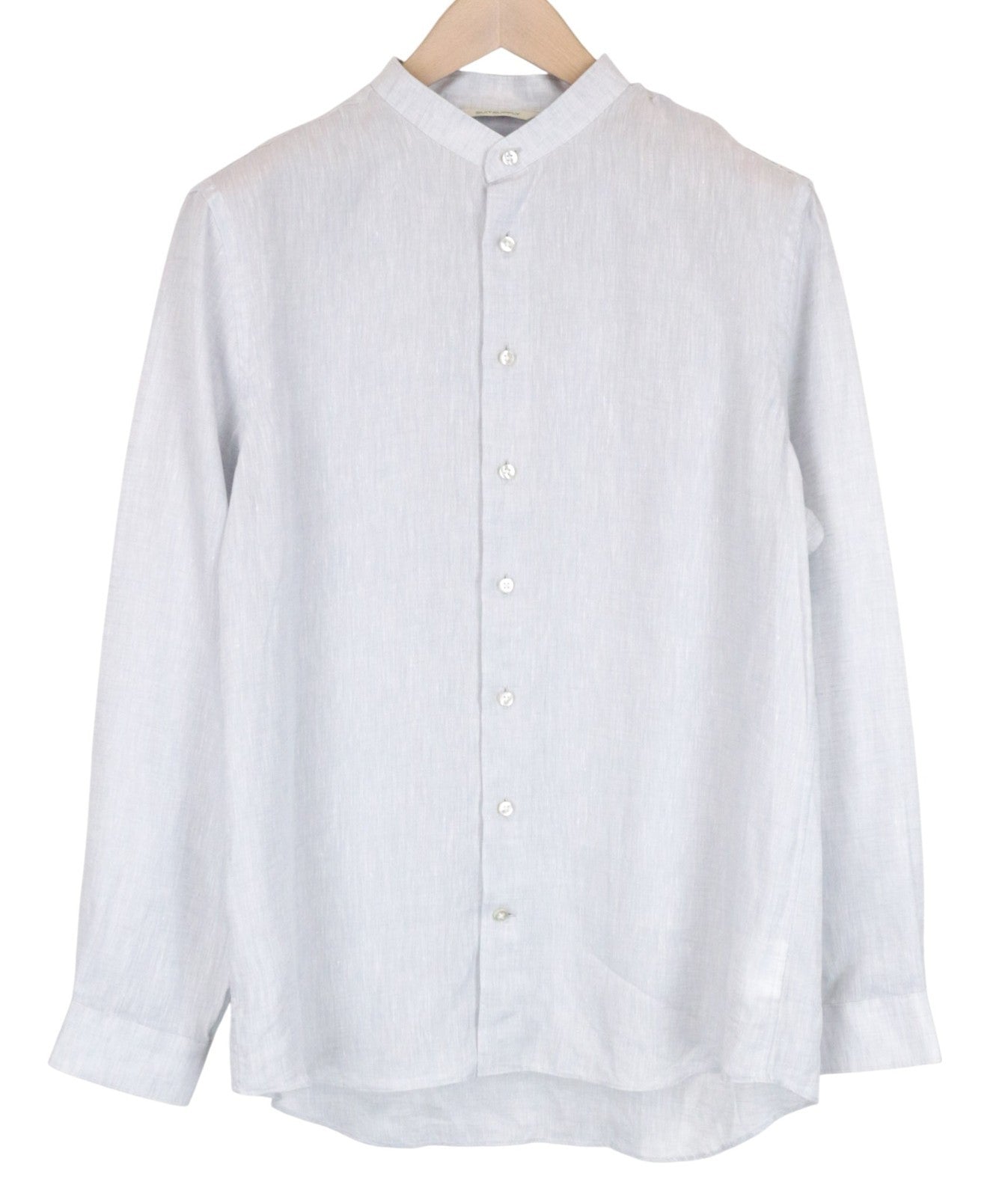 SUITSUPPLY vyriški formalūs marškiniai, 42 dydžio, pilki, lininiai, ilgomis rankovėmis, su juostele apykakle, sagomis užsegami 