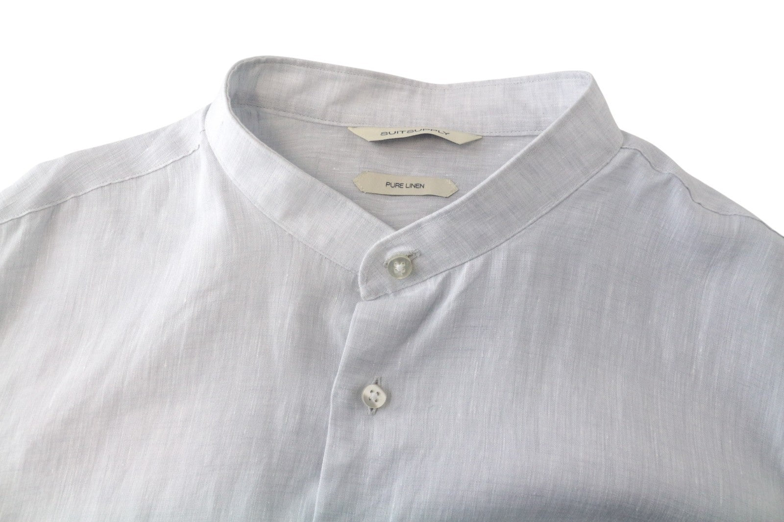 SUITSUPPLY vyriški formalūs marškiniai, 42 dydžio, pilki, lininiai, ilgomis rankovėmis, su juostele apykakle, sagomis užsegami 
