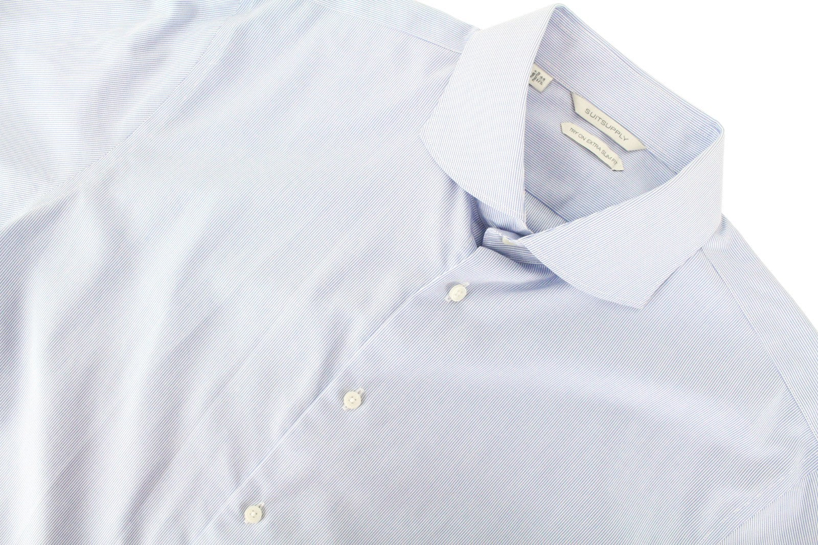 SUITSUPPLY Men's Formal Shirt 44/17.5 Blue Striped Pure Cotton Extra Slim Long