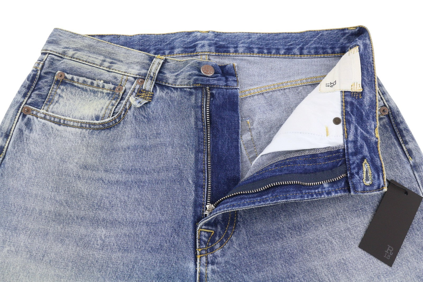 R13 Cuffed X-BF moteriški džinsai su rankogaliais, 32 Jasper Straight ūsai, išblukusi mėlyna spalva, užtrauktukas, FW25 