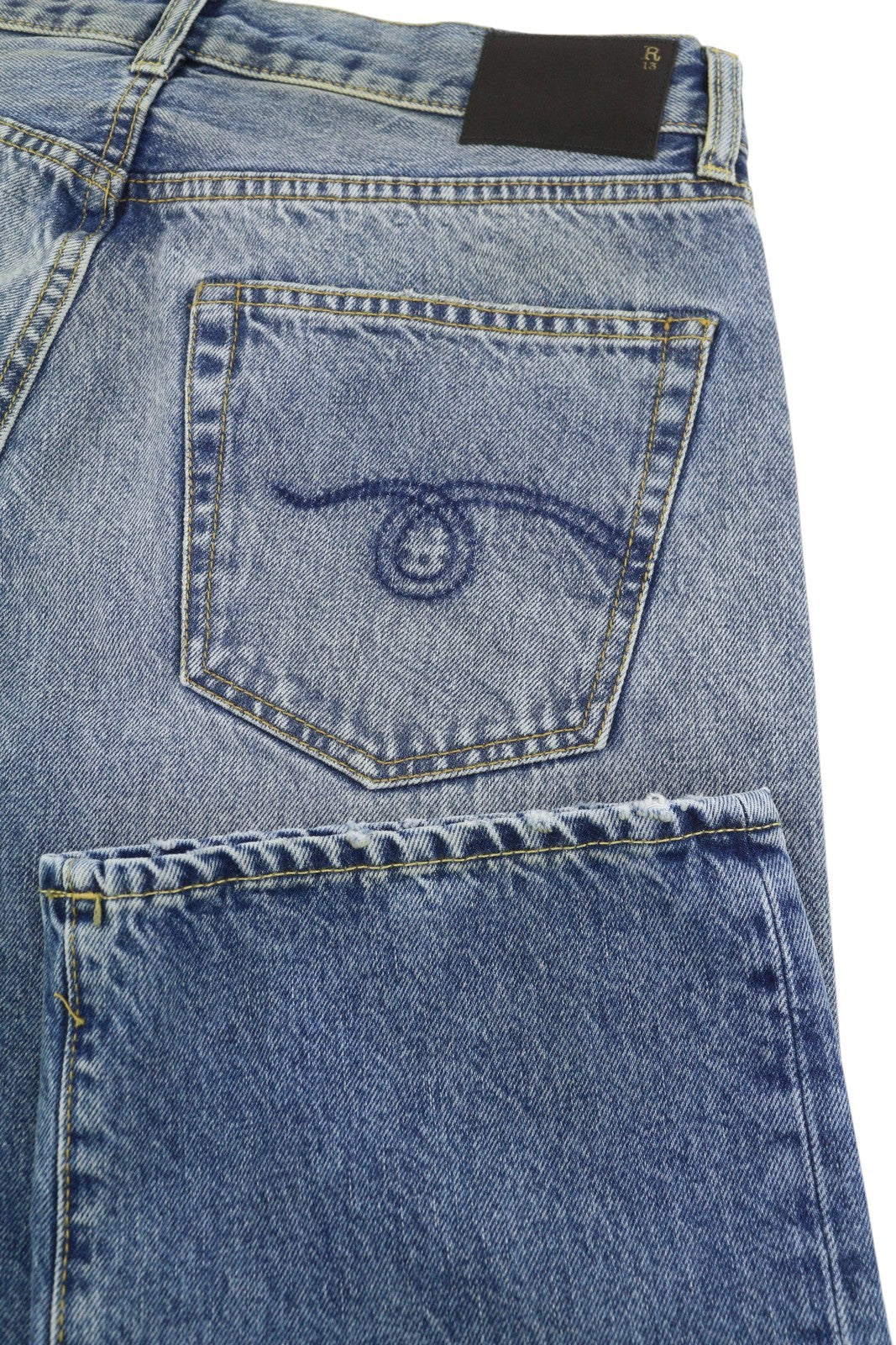 R13 Cuffed X-BF moteriški džinsai su rankogaliais, 32 Jasper Straight ūsai, išblukusi mėlyna spalva, užtrauktukas, FW25 