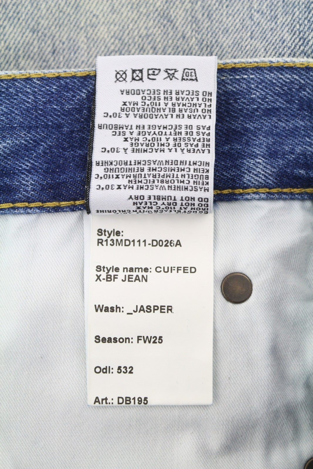 R13 Cuffed X-BF moteriški džinsai su rankogaliais, 32 Jasper Straight ūsai, išblukusi mėlyna spalva, užtrauktukas, FW25 