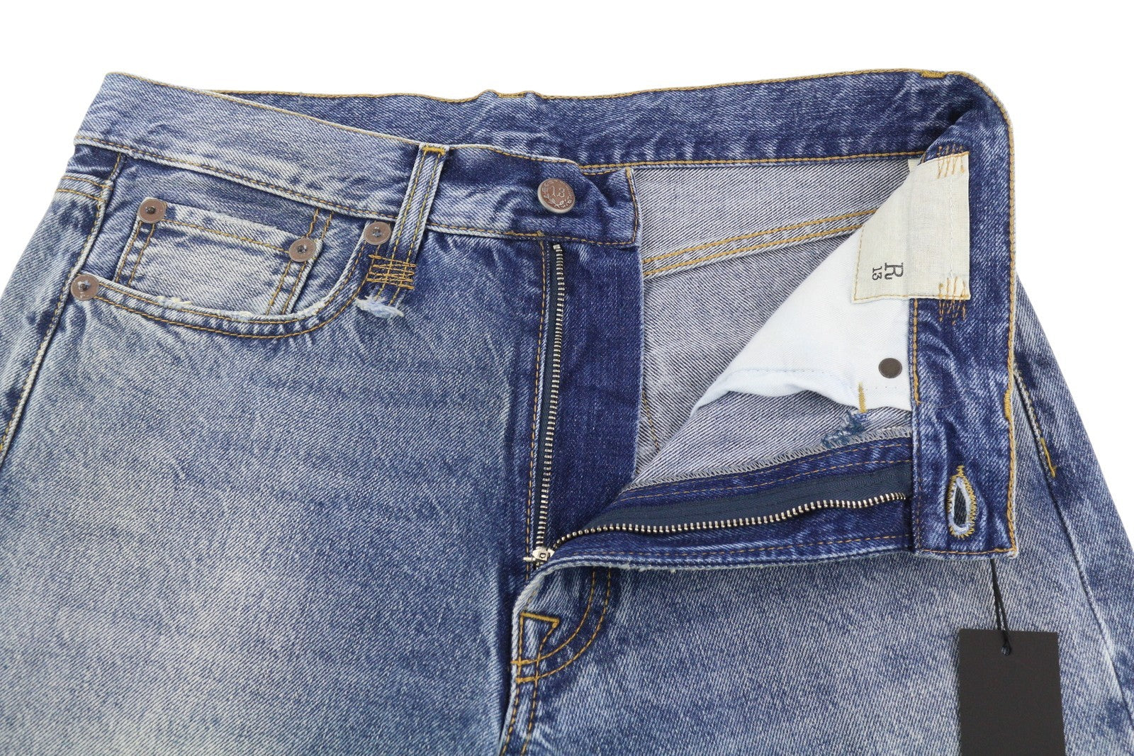 R13 Boyfriend moteriški džinsai 26 Jasper ūsai su išblukusiu trumpinimu, mėlyni PF25 