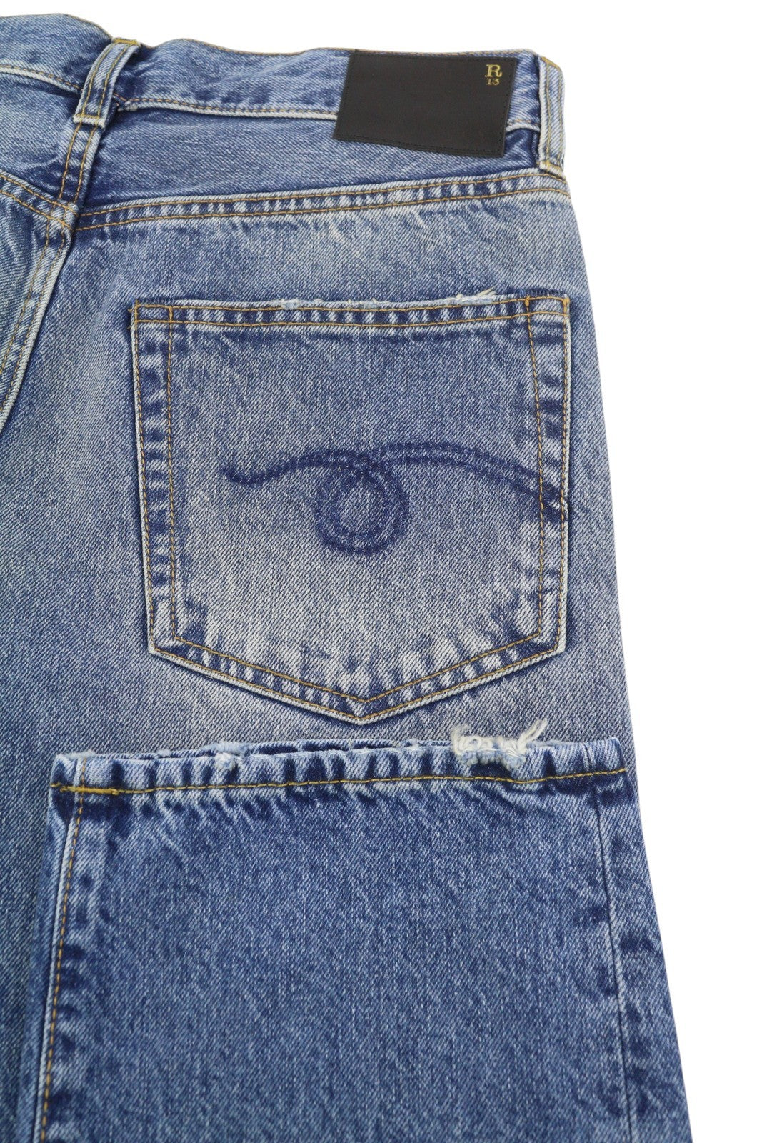 R13 Boyfriend moteriški džinsai 26 Jasper ūsai su išblukusiu trumpinimu, mėlyni PF25 