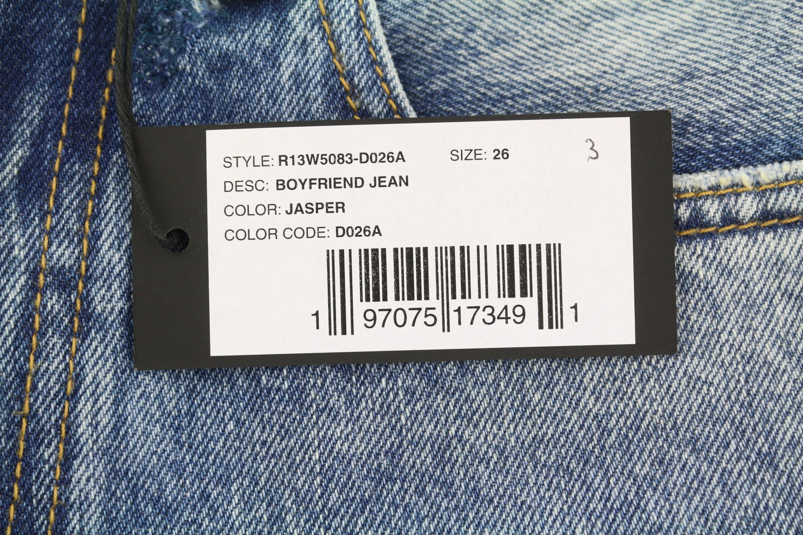 R13 Boyfriend moteriški džinsai 26 Jasper ūsai su išblukusiu trumpinimu, mėlyni PF25 