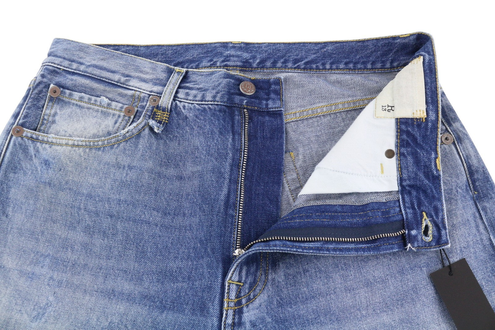 R13 Cuffed X-BF moteriški džinsai su rankogaliais, 29 Jasper Straight ūsai, išblukusi mėlyna spalva, užtrauktukas PF25 