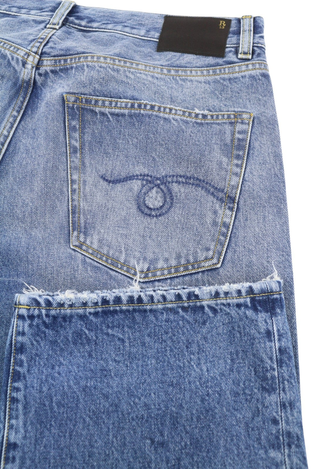 R13 Cuffed X-BF moteriški džinsai su rankogaliais, 29 Jasper Straight ūsai, išblukusi mėlyna spalva, užtrauktukas PF25 