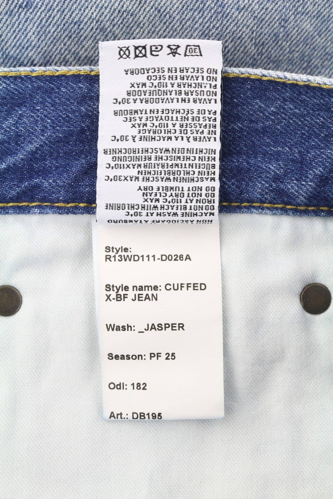 R13 Cuffed X-BF moteriški džinsai su rankogaliais, 29 Jasper Straight ūsai, išblukusi mėlyna spalva, užtrauktukas PF25 