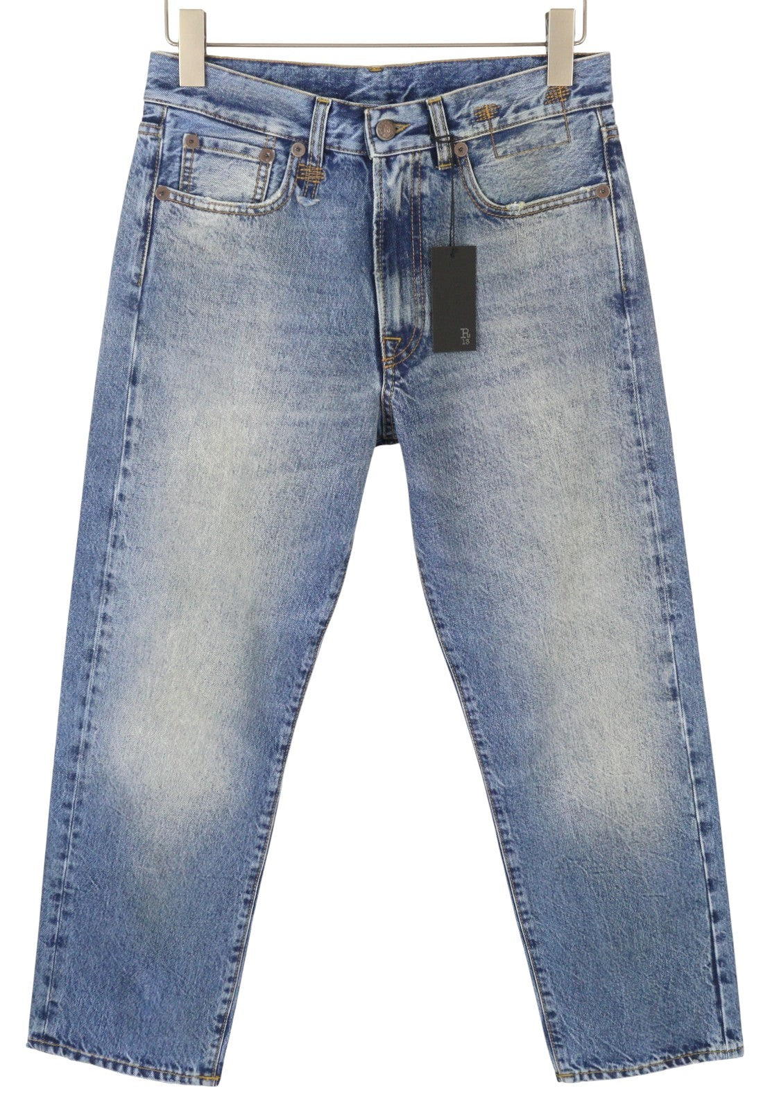 R13 Boyfriend moteriški džinsai 25 Jasper tiesaus kirpimo su ūsais ir išblukimo efektu, mėlyni PF25 