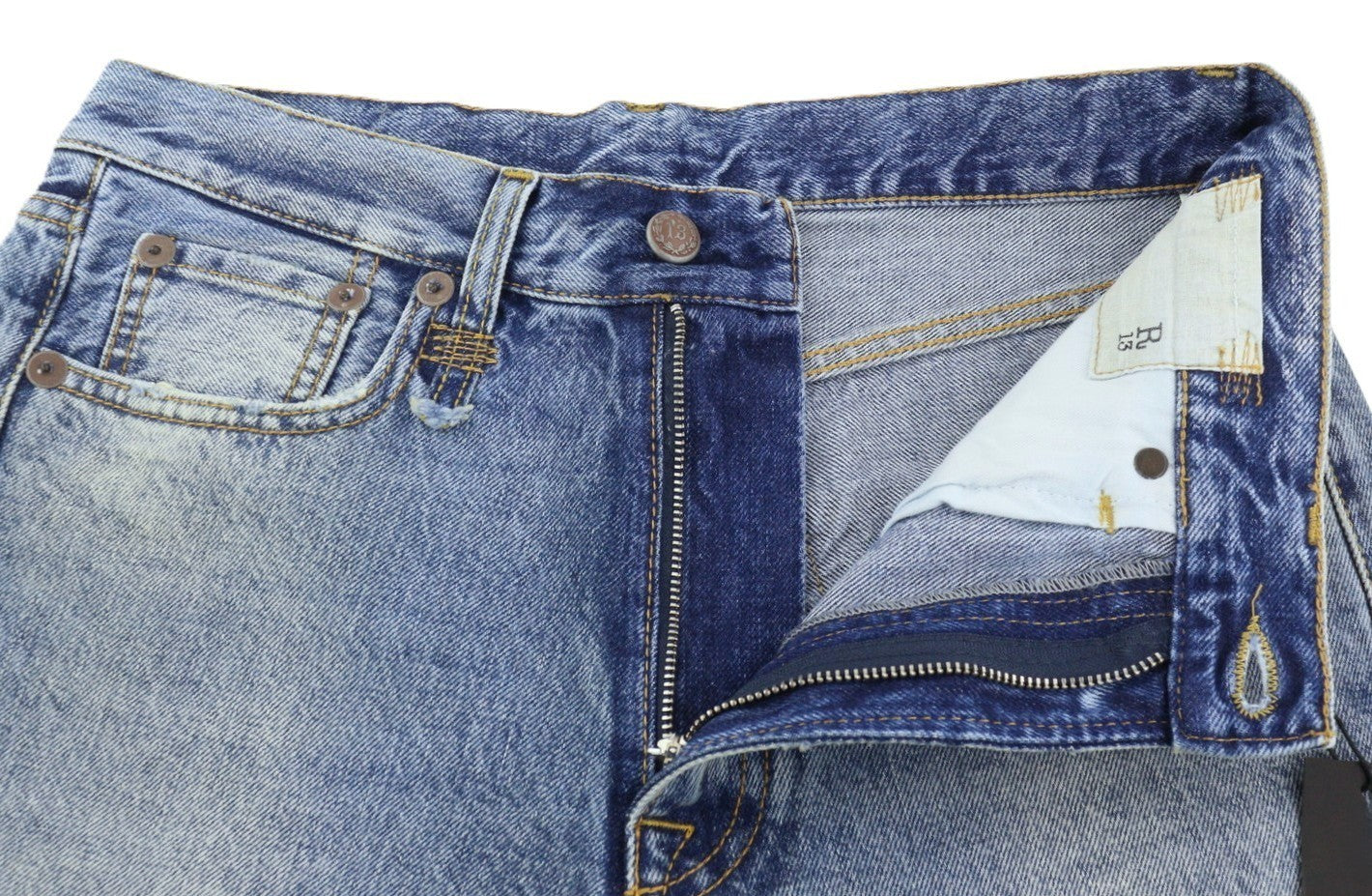 R13 Boyfriend moteriški džinsai 25 Jasper tiesaus kirpimo su ūsais ir išblukimo efektu, mėlyni PF25 