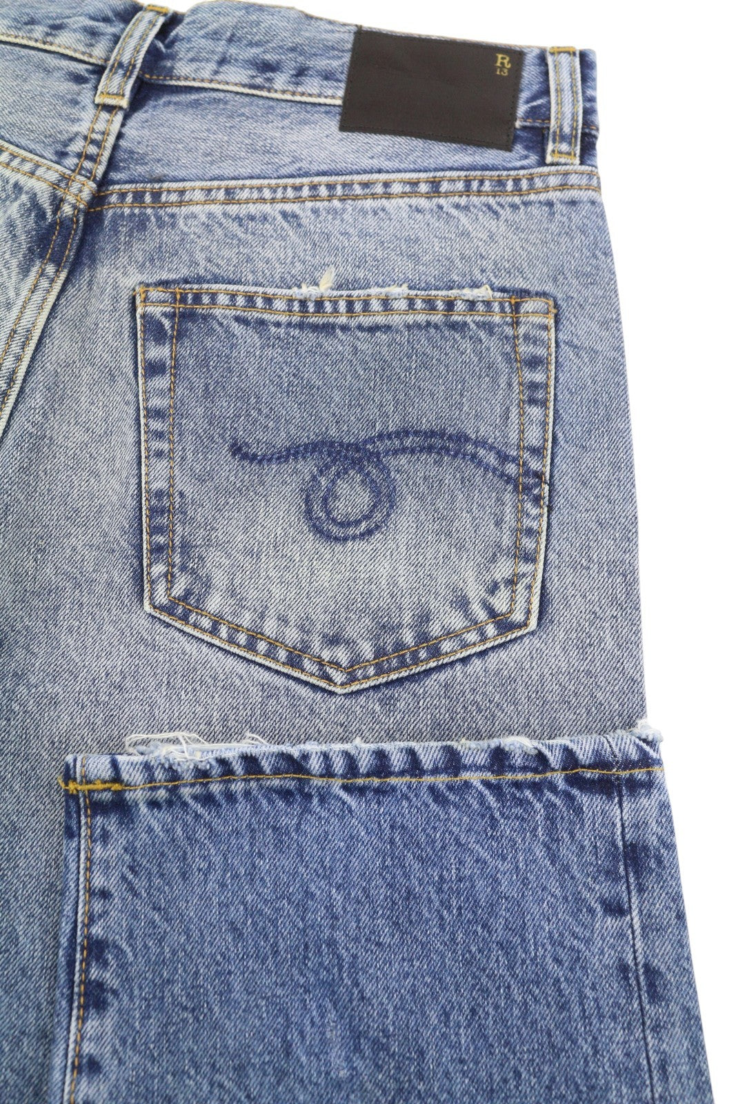 R13 Boyfriend moteriški džinsai 25 Jasper tiesaus kirpimo su ūsais ir išblukimo efektu, mėlyni PF25 