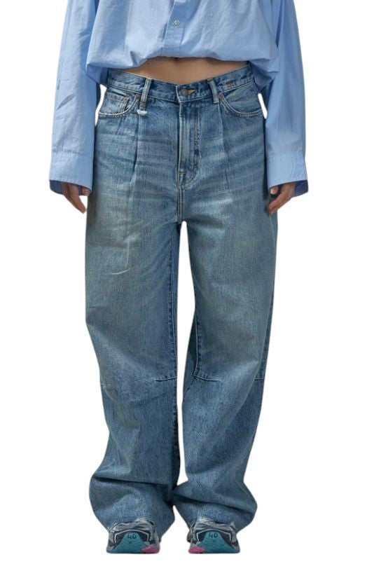 R13 Wayne moteriški džinsai su sąnariais ir keliais, 32 Merrin mėlyni, PF25 klostėmis, laisvi, RRP799 