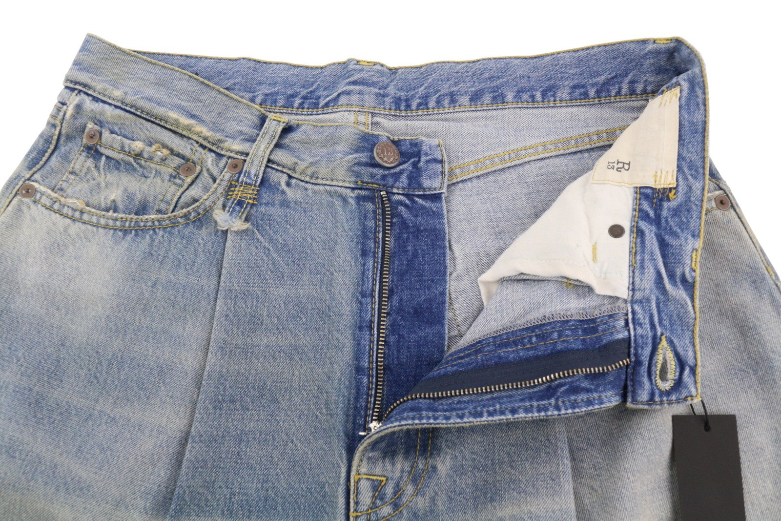 R13 Wayne moteriški džinsai su sąnariais ir keliais, 32 Merrin mėlyni, PF25 klostėmis, laisvi, RRP799 