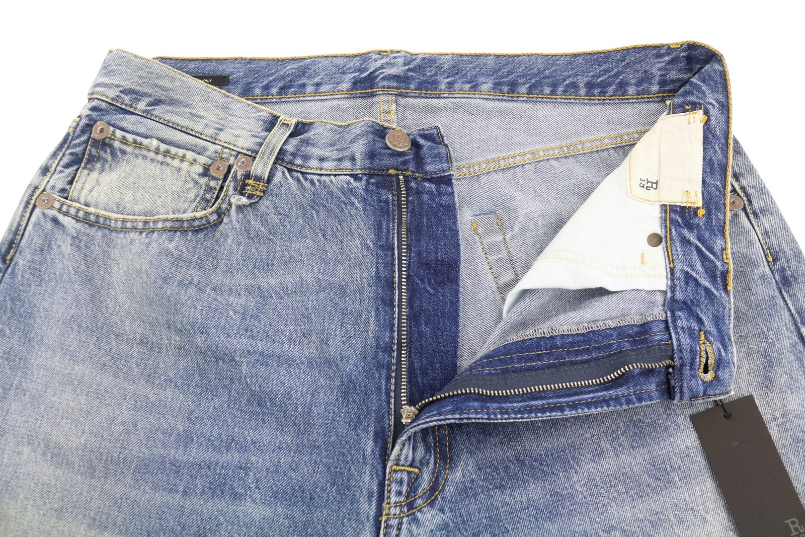 R13 Cuffed X-BF moteriški džinsai su rankogaliais, 31 Jasper tiesios kojos, ūsai, išblukusi mėlyna, užtrauktukas, FW25 