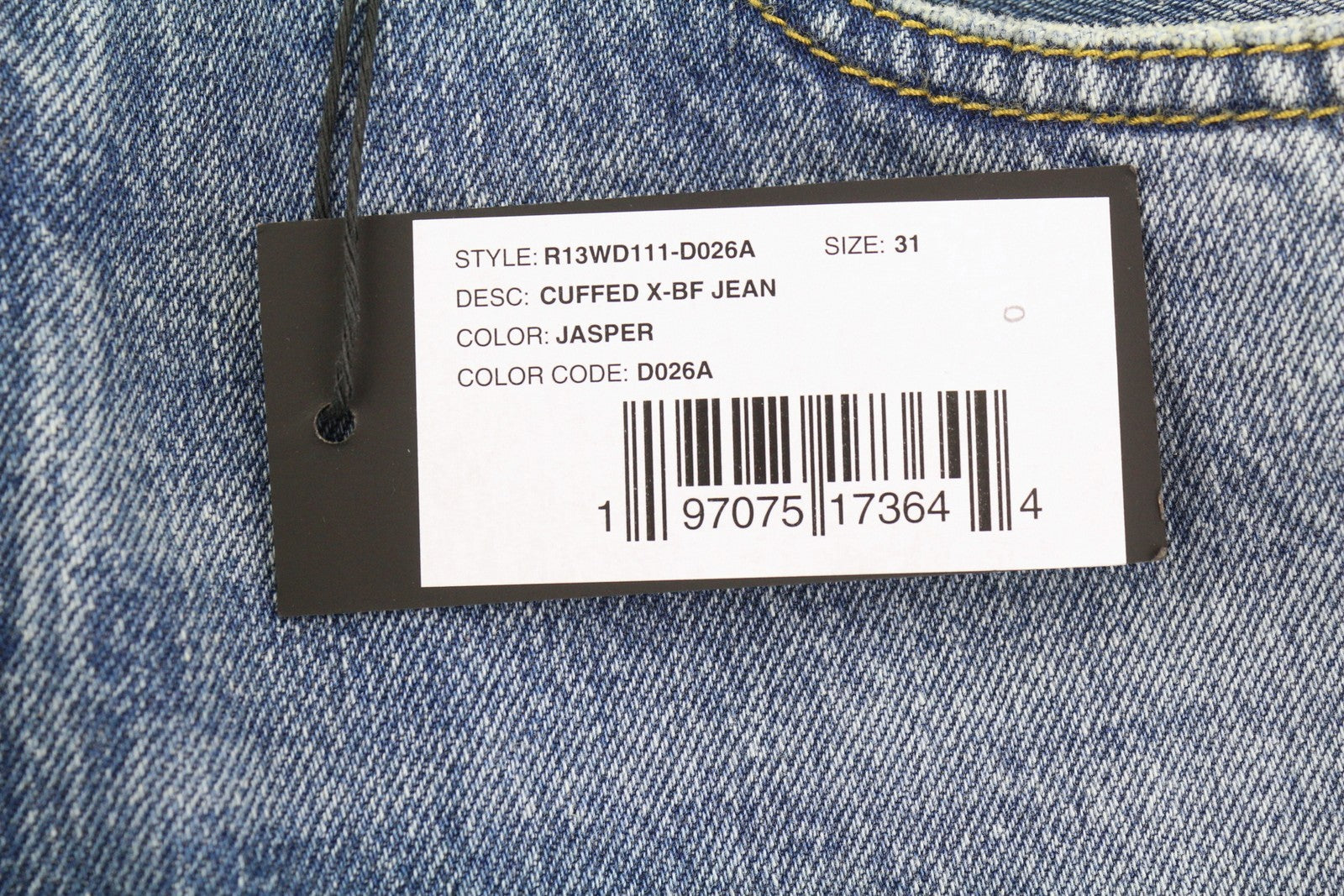 R13 Cuffed X-BF moteriški džinsai su rankogaliais, 31 Jasper tiesios kojos, ūsai, išblukusi mėlyna, užtrauktukas, FW25 