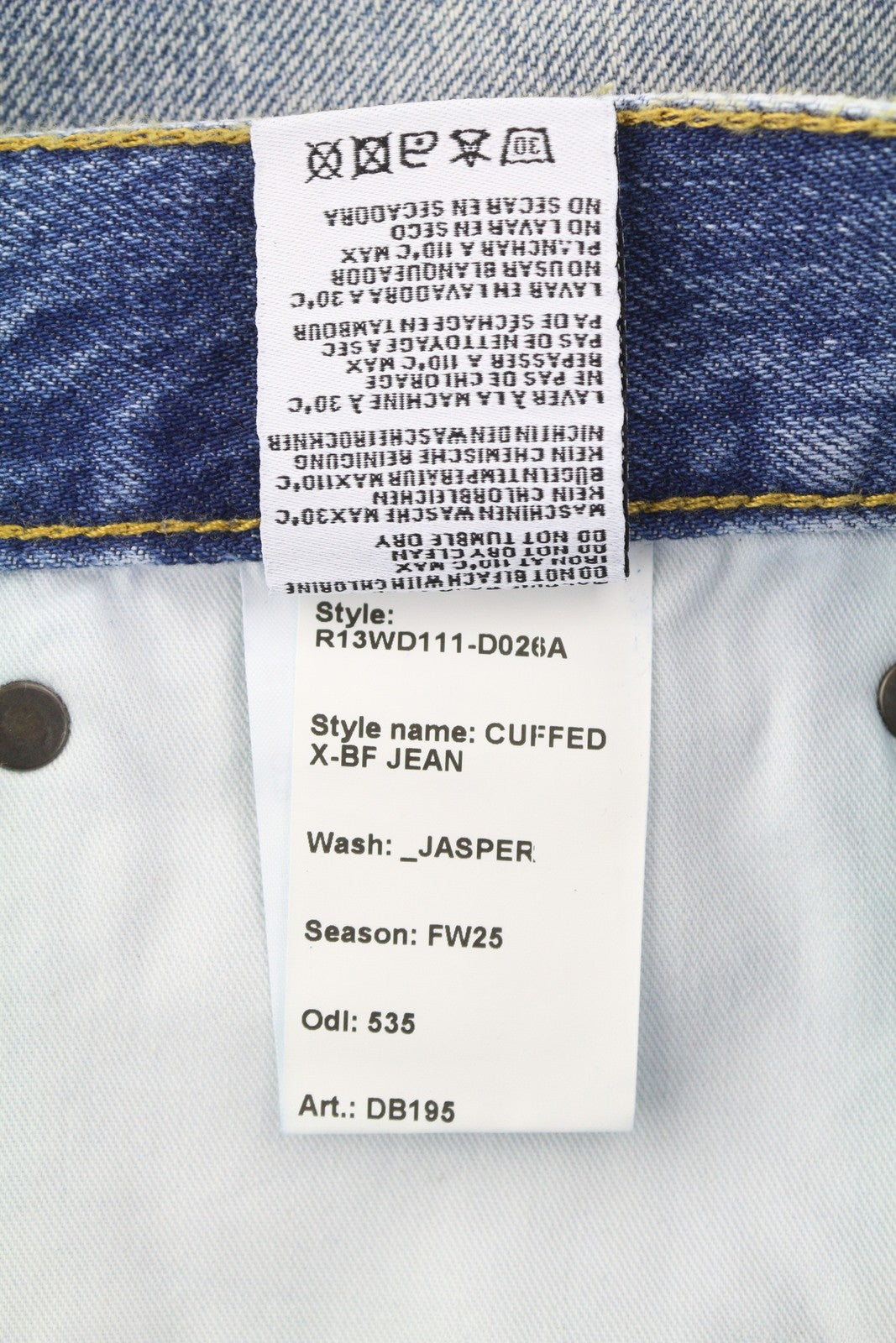 R13 Cuffed X-BF moteriški džinsai su rankogaliais, 31 Jasper tiesios kojos, ūsai, išblukusi mėlyna, užtrauktukas, FW25 