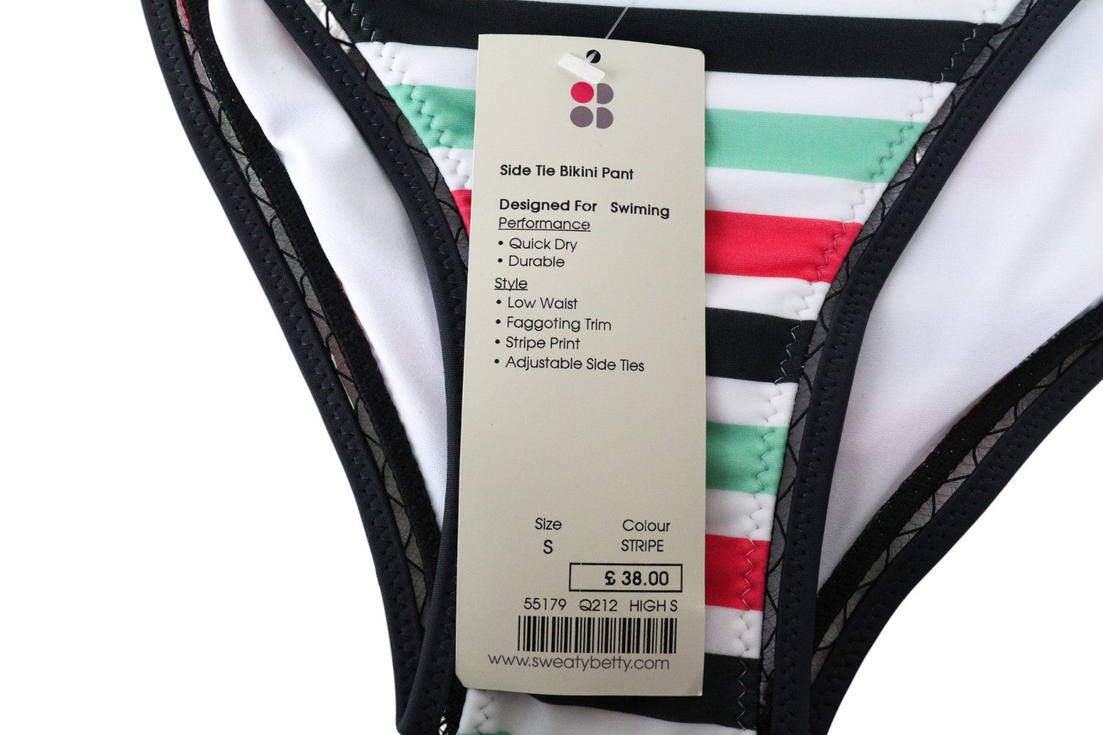 SWEATY BETTY Side Tie Women's Bikini Bottom S Stripes Low Rise Stretch Wear