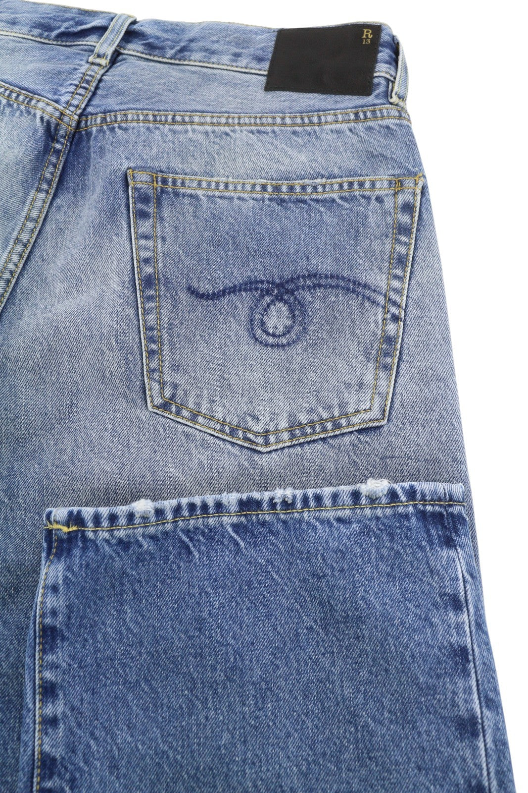 R13 Cuffed X-BF moteriški džinsai su rankogaliais, 28 Jasper Straight ūsai, išblukusi mėlyna spalva, užtrauktukas, FW25 