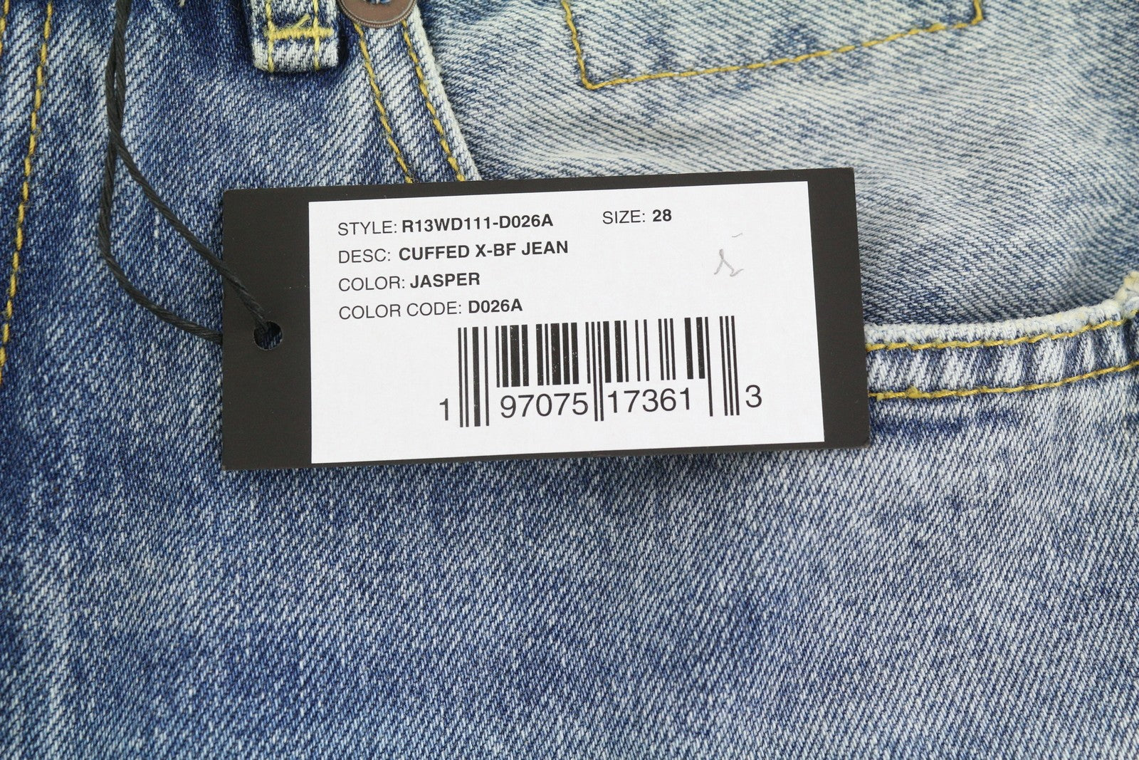 R13 Cuffed X-BF moteriški džinsai su rankogaliais, 28 Jasper Straight ūsai, išblukusi mėlyna spalva, užtrauktukas, FW25 