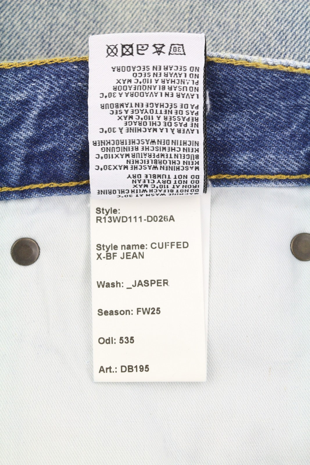 R13 Cuffed X-BF moteriški džinsai su rankogaliais, 28 Jasper Straight ūsai, išblukusi mėlyna spalva, užtrauktukas, FW25 