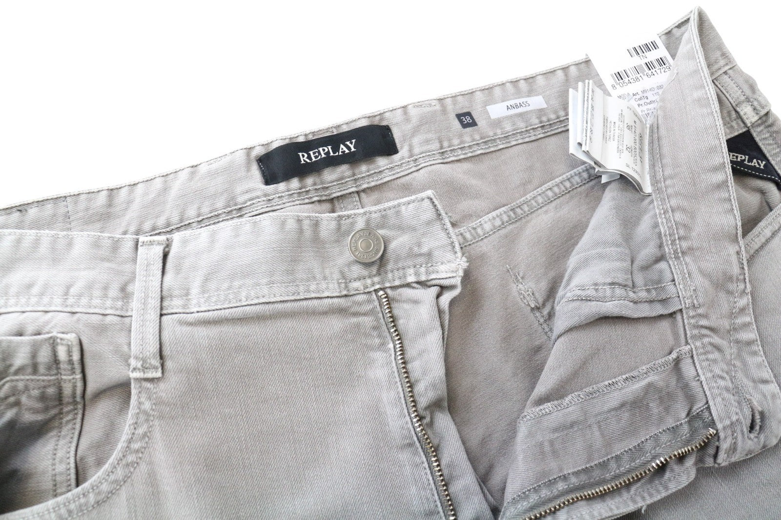 REPLAY Anbass Men's Jeans W38 L32 Grey Slim Stretch Washed Denim Casual Fit