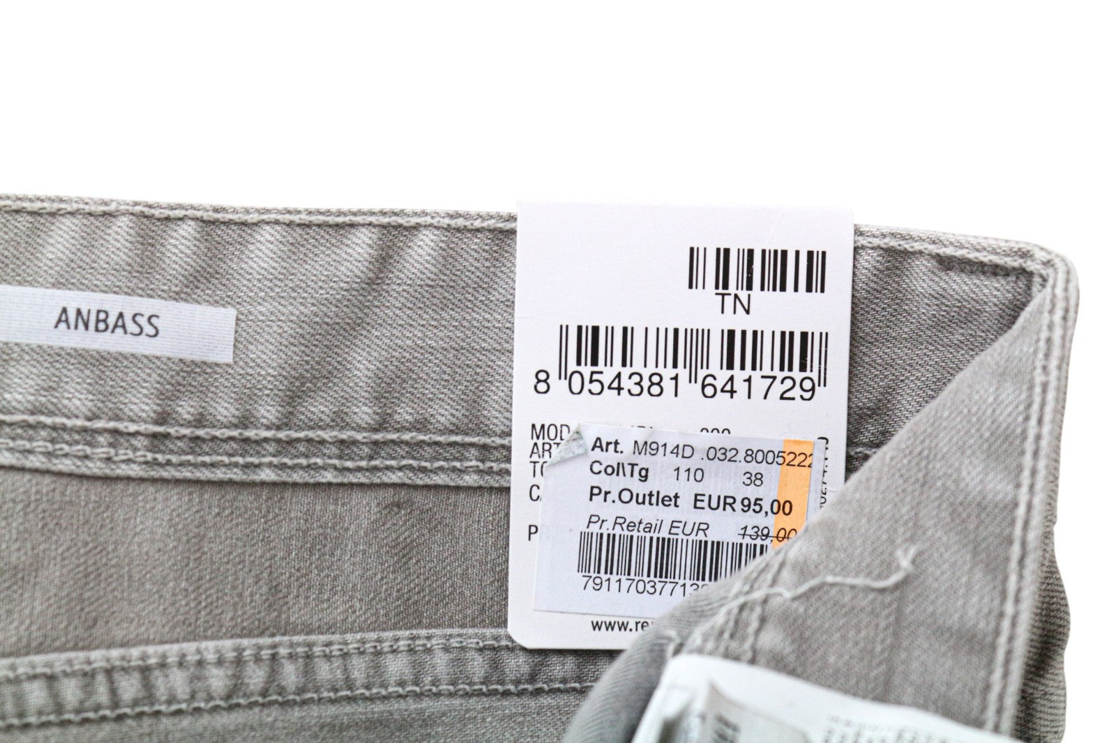 REPLAY Anbass Men's Jeans W38 L32 Grey Slim Stretch Washed Denim Casual Fit