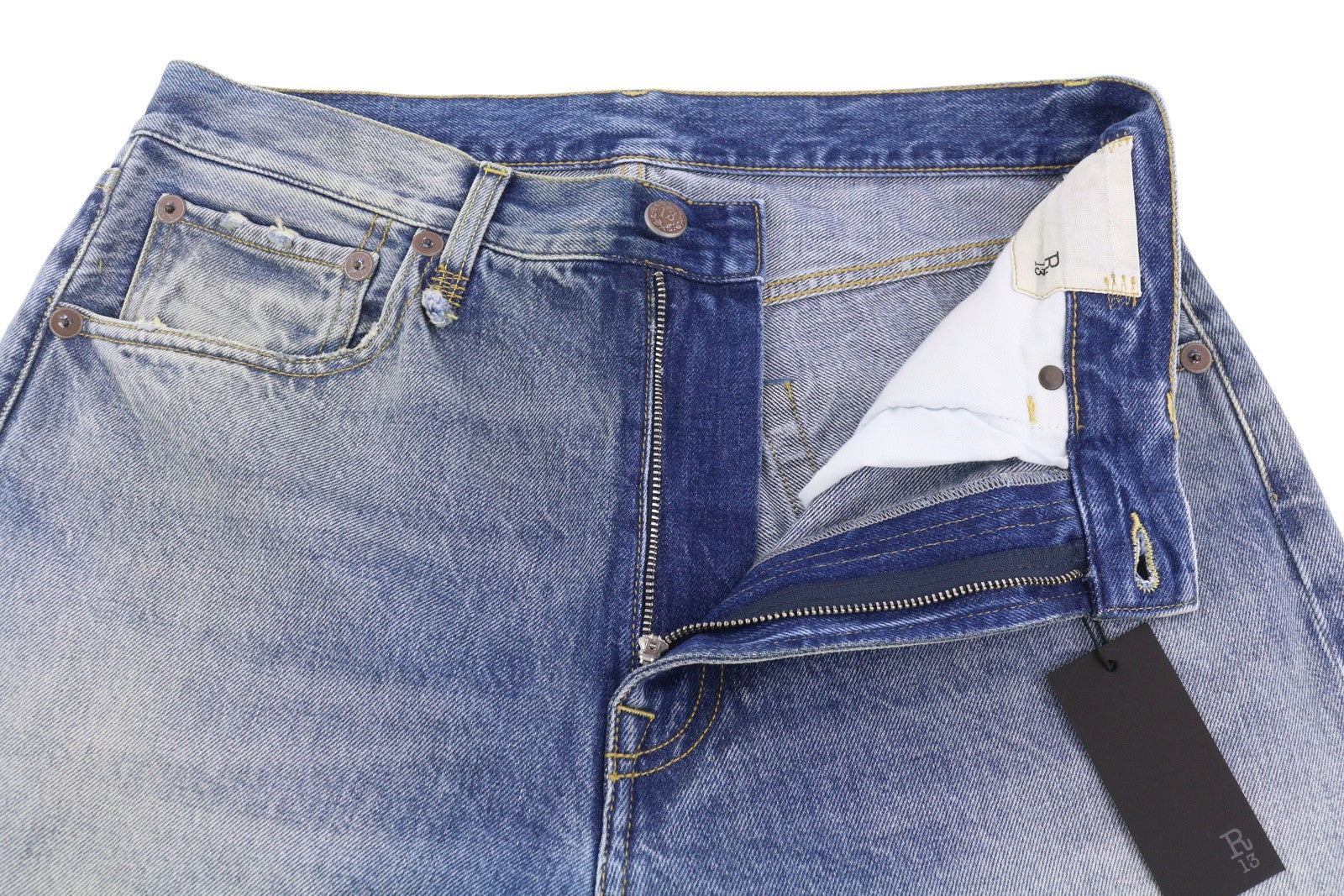 R13 Cuffed X-BF moteriški džinsai su rankogaliais 27 Jasper Straight Fit Ūsai Išblukusi mėlyna PF25 