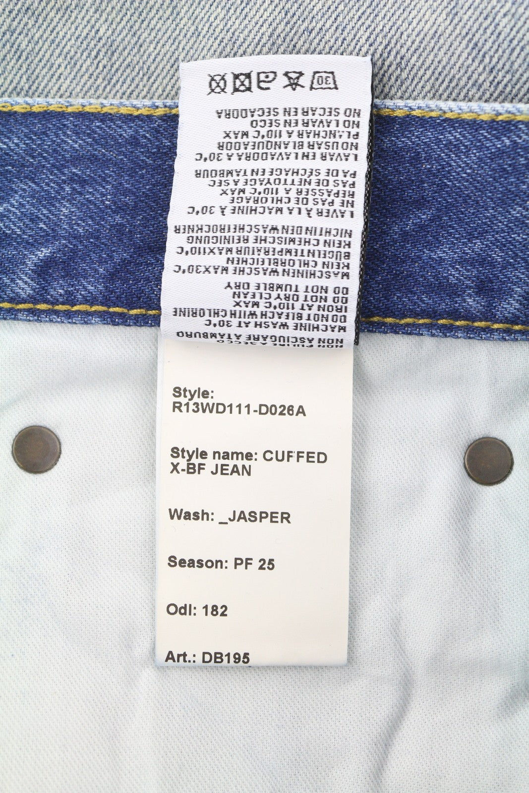 R13 Cuffed X-BF moteriški džinsai su rankogaliais 27 Jasper Straight Fit Ūsai Išblukusi mėlyna PF25 