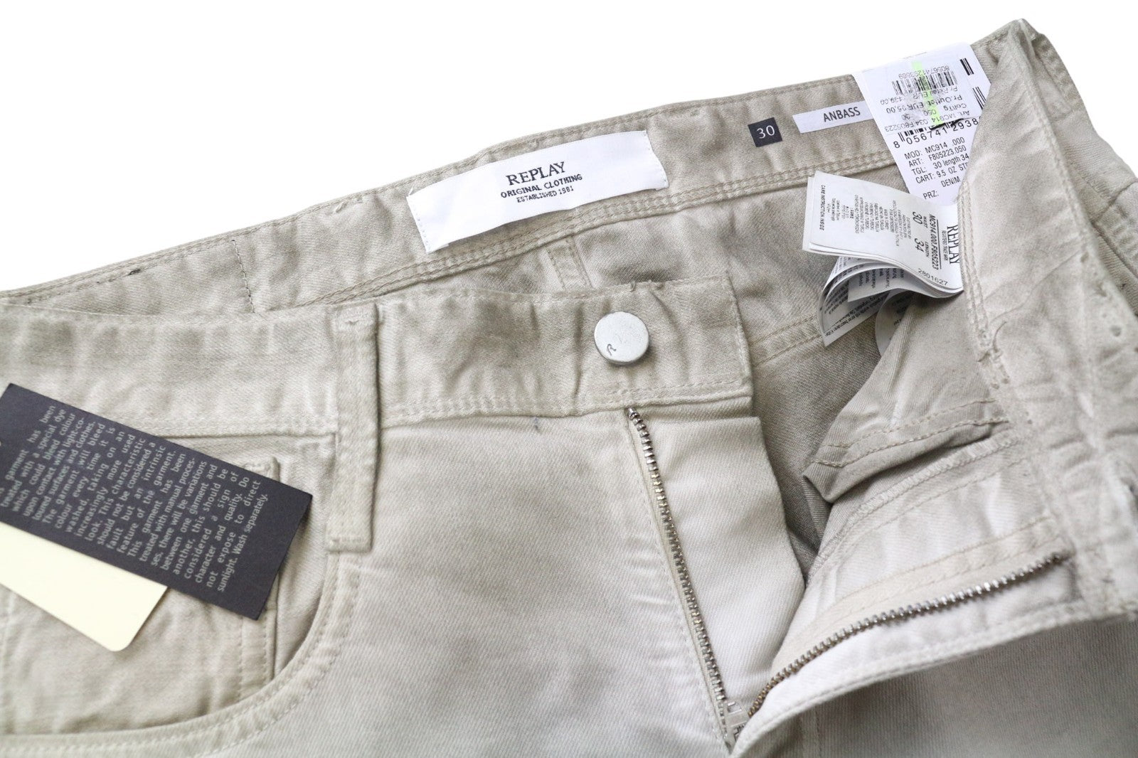 REPLAY Anbass vyriški džinsai W30 L34 pilki, ploni, tamprūs, sendinto skalbimo medvilniniai džinsai