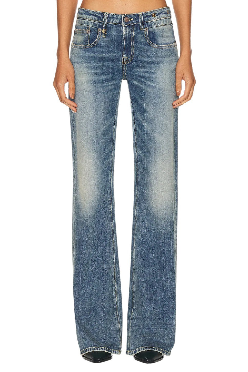 R13 berniukiški platėjantys moteriški džinsai 25 Kelly tamprūs, žemo liemens, ūsai, išblukusi mėlyna spalva PF25 