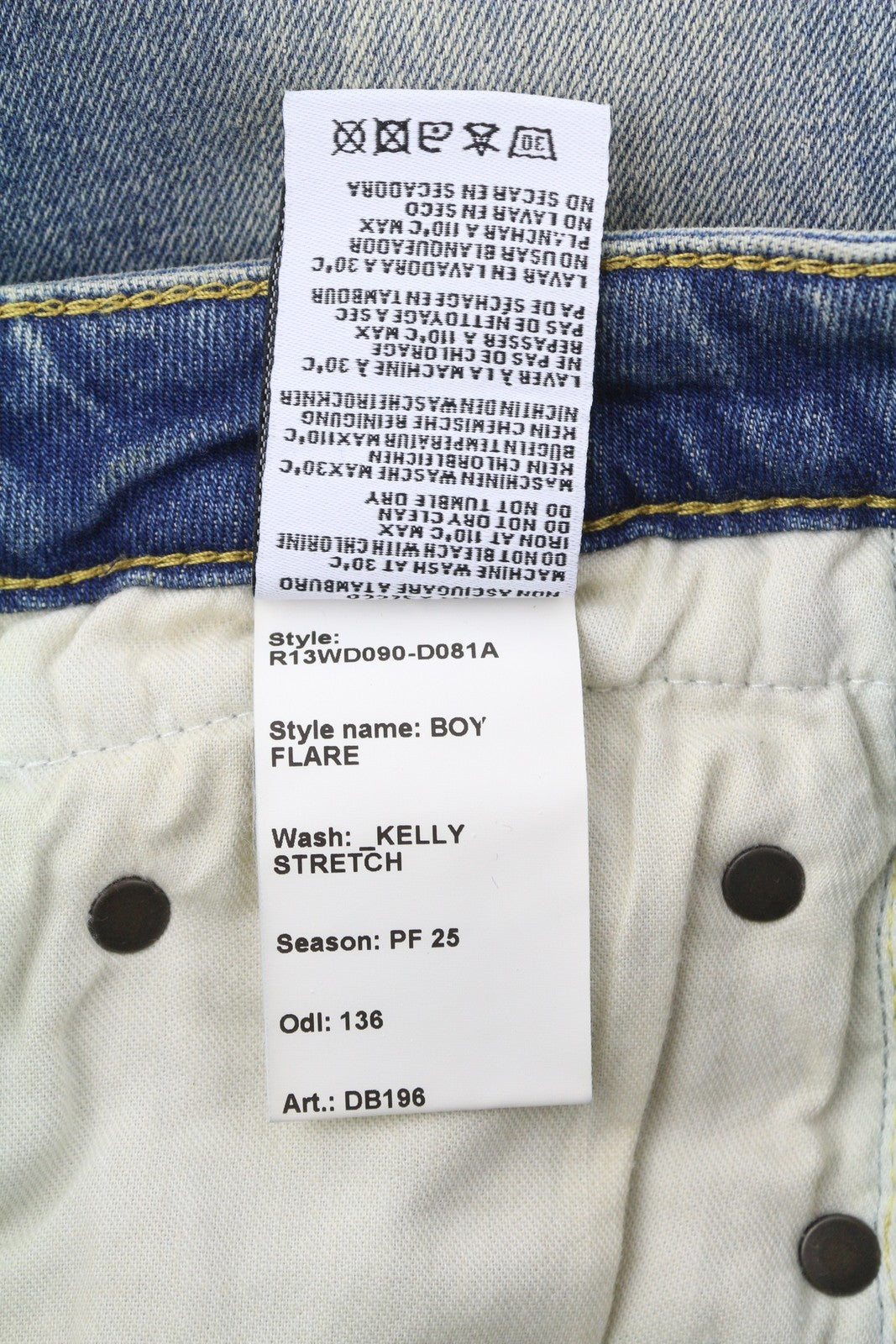 R13 berniukiški platėjantys moteriški džinsai 25 Kelly tamprūs, žemo liemens, ūsai, išblukusi mėlyna spalva PF25 