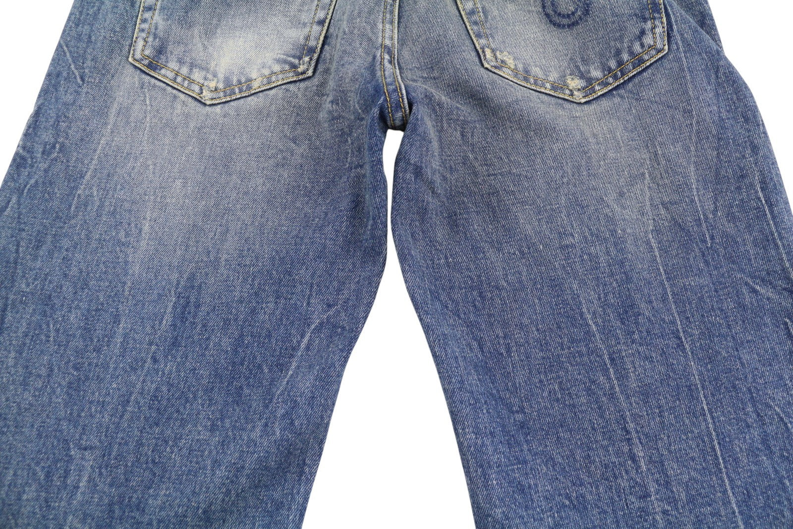 R13 berniukiški platėjantys moteriški džinsai 25 Kelly tamprūs, žemo liemens, ūsai, išblukusi mėlyna spalva PF25 