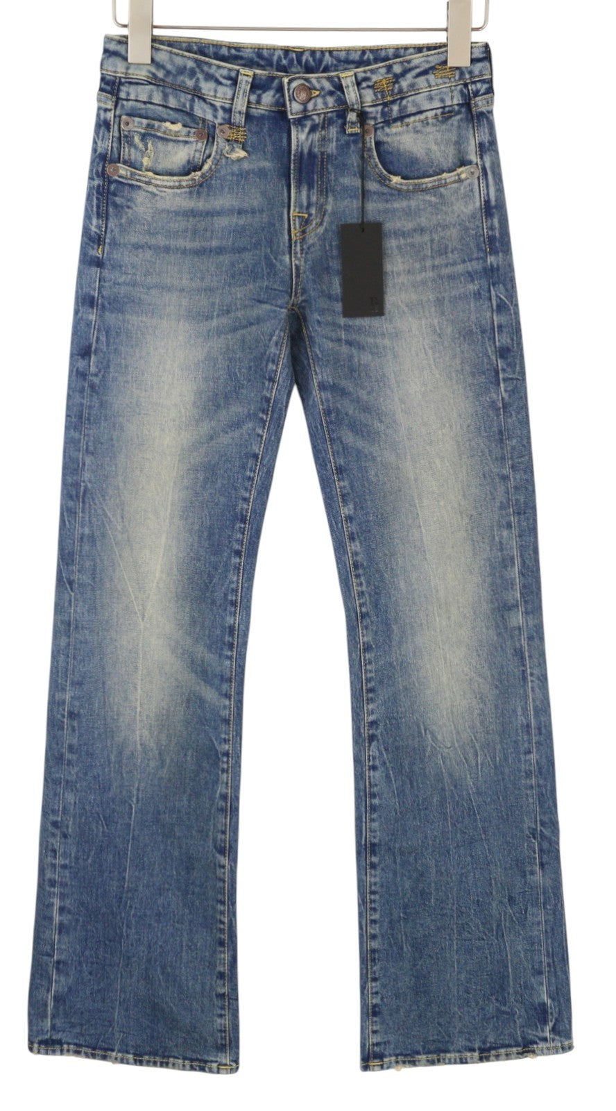 R13 berniukiški platėjantys moteriški džinsai 25 Kelly tamprūs, žemo liemens, ūsai, išblukusi mėlyna spalva PF25 