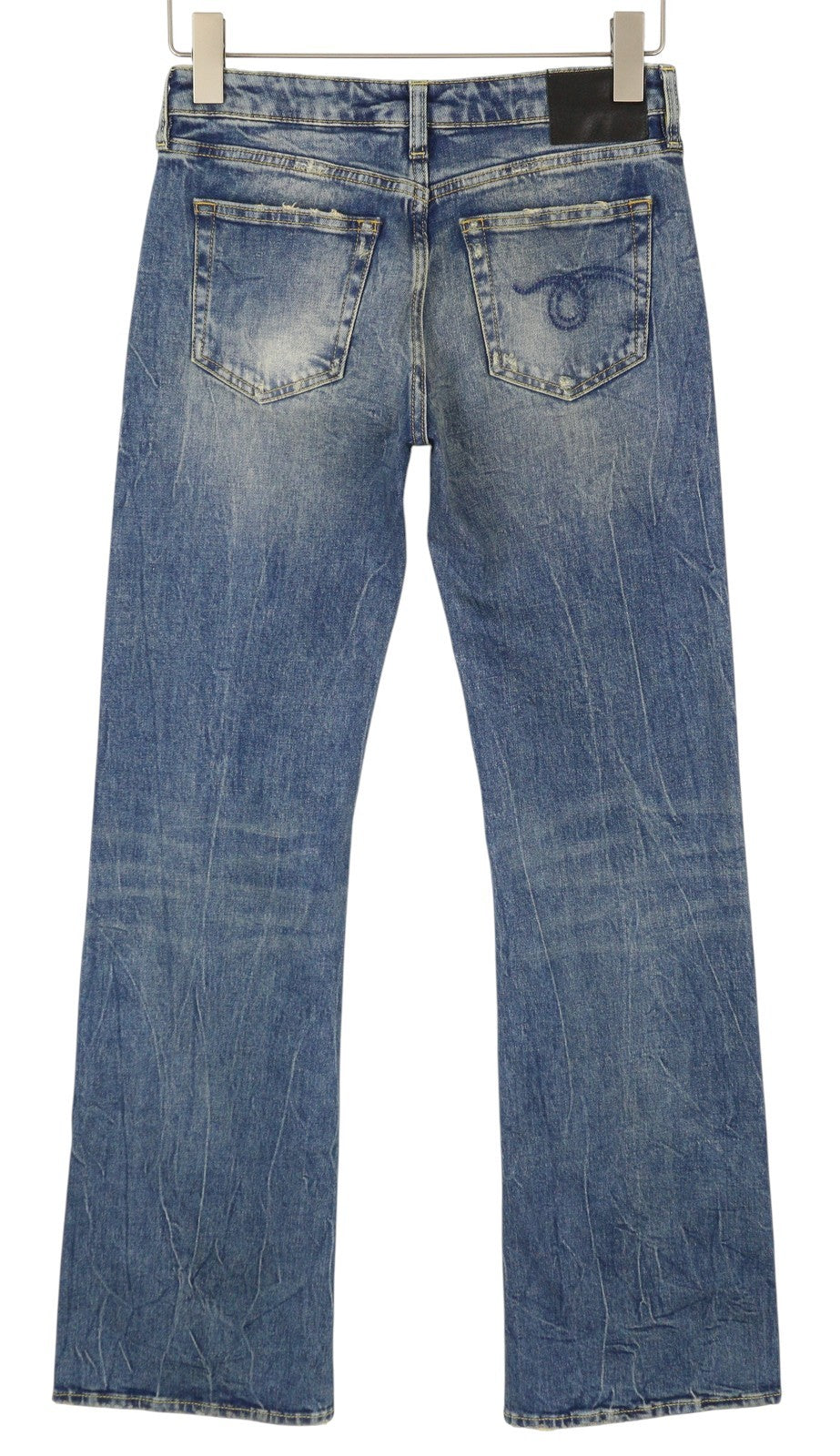 R13 berniukiški platėjantys moteriški džinsai 25 Kelly tamprūs, žemo liemens, ūsai, išblukusi mėlyna spalva PF25 