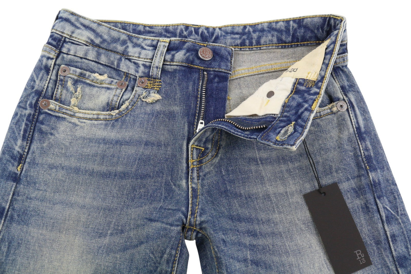 R13 berniukiški platėjantys moteriški džinsai 25 Kelly tamprūs, žemo liemens, ūsai, išblukusi mėlyna spalva PF25 