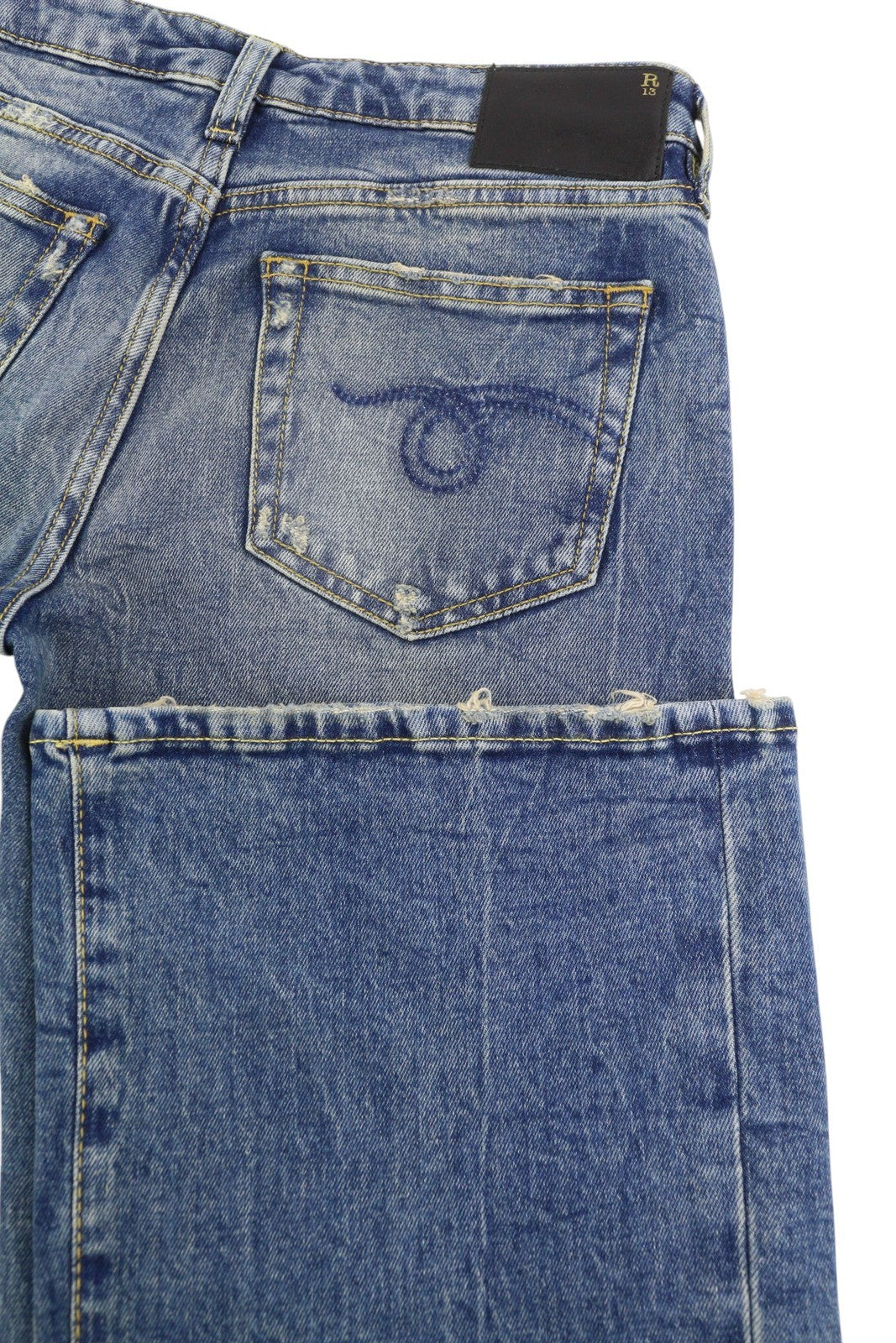 R13 berniukiški platėjantys moteriški džinsai 25 Kelly tamprūs, žemo liemens, ūsai, išblukusi mėlyna spalva PF25 