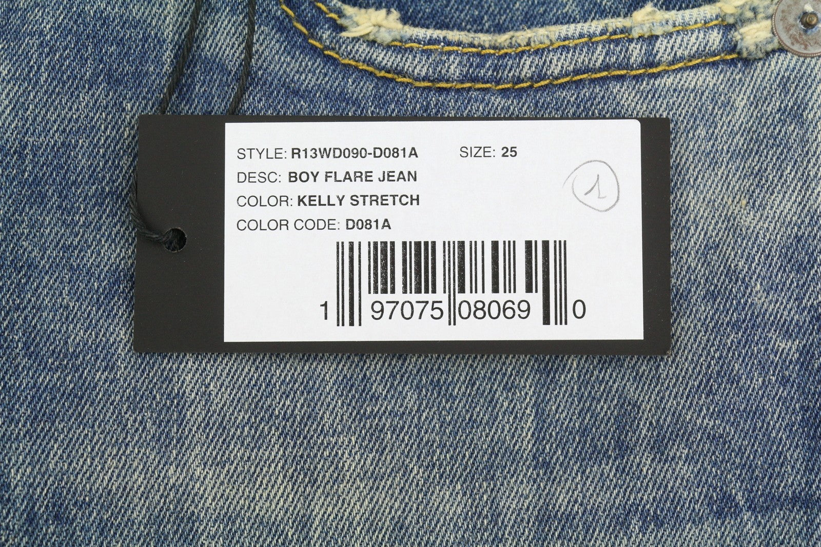 R13 berniukiški platėjantys moteriški džinsai 25 Kelly tamprūs, žemo liemens, ūsai, išblukusi mėlyna spalva PF25 