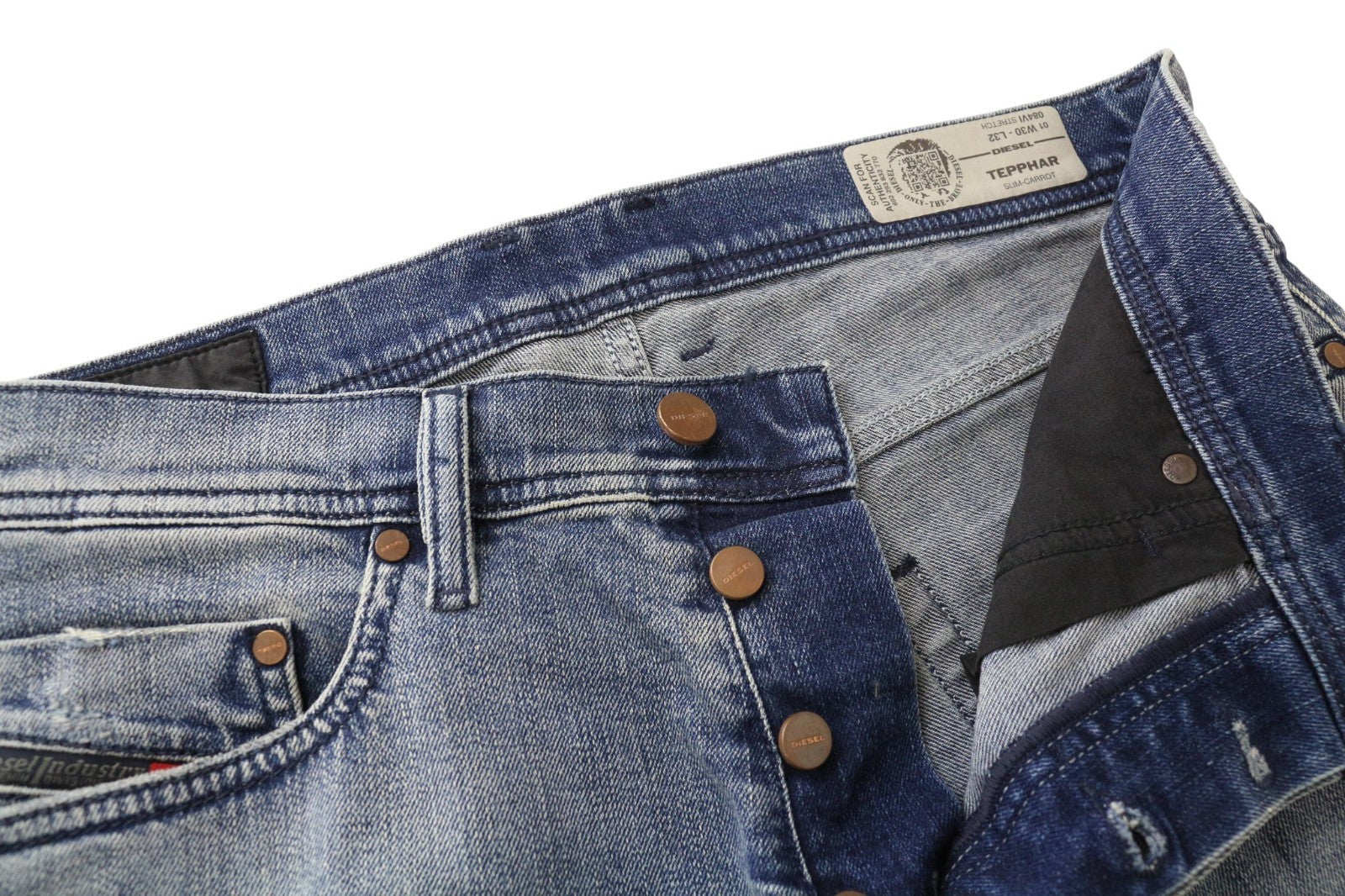 DIESEL Tepphar 084VI vyriški džinsai W30 L32 Slim Carrot Fit mėlyni skalbti tamprūs džinsai 