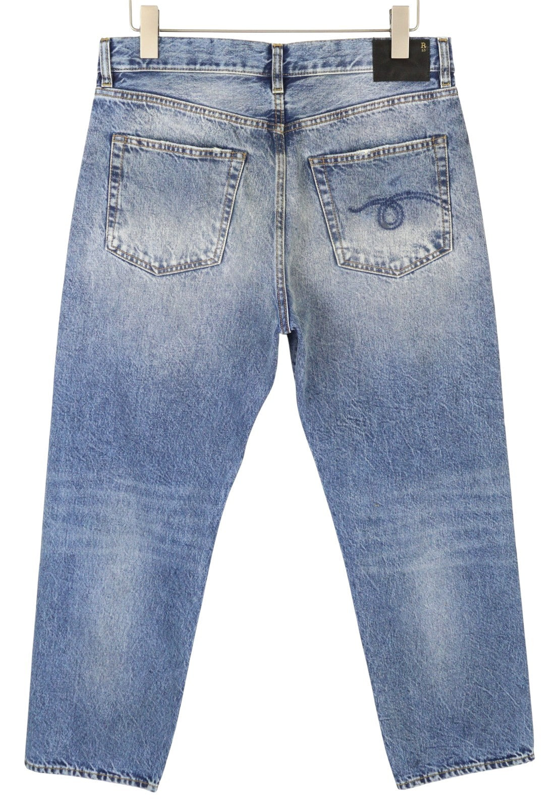 R13 Boyfriend moteriški džinsai 28 Jasper tiesūs trumpi ūsai išblukusi mėlyna PF25 