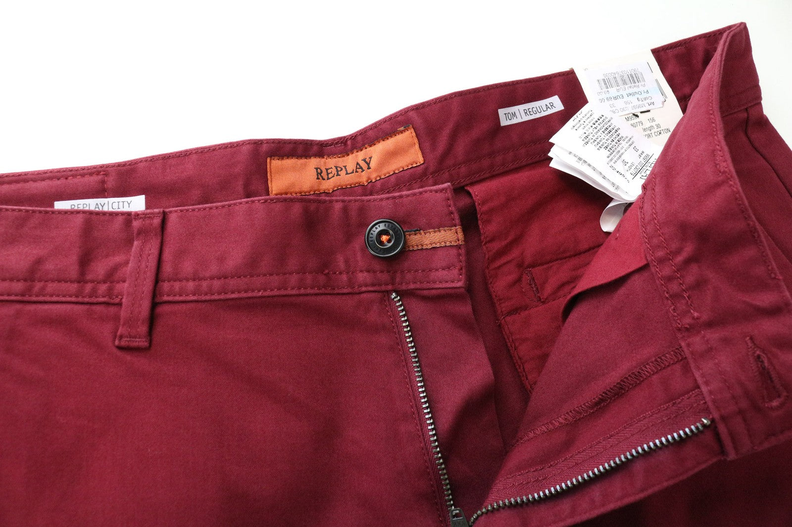 REPLAY Tom vyriškos kelnės W33 L30 plokščiu priekiu raudonos medvilninės tamprios laisvalaikio kelnės 