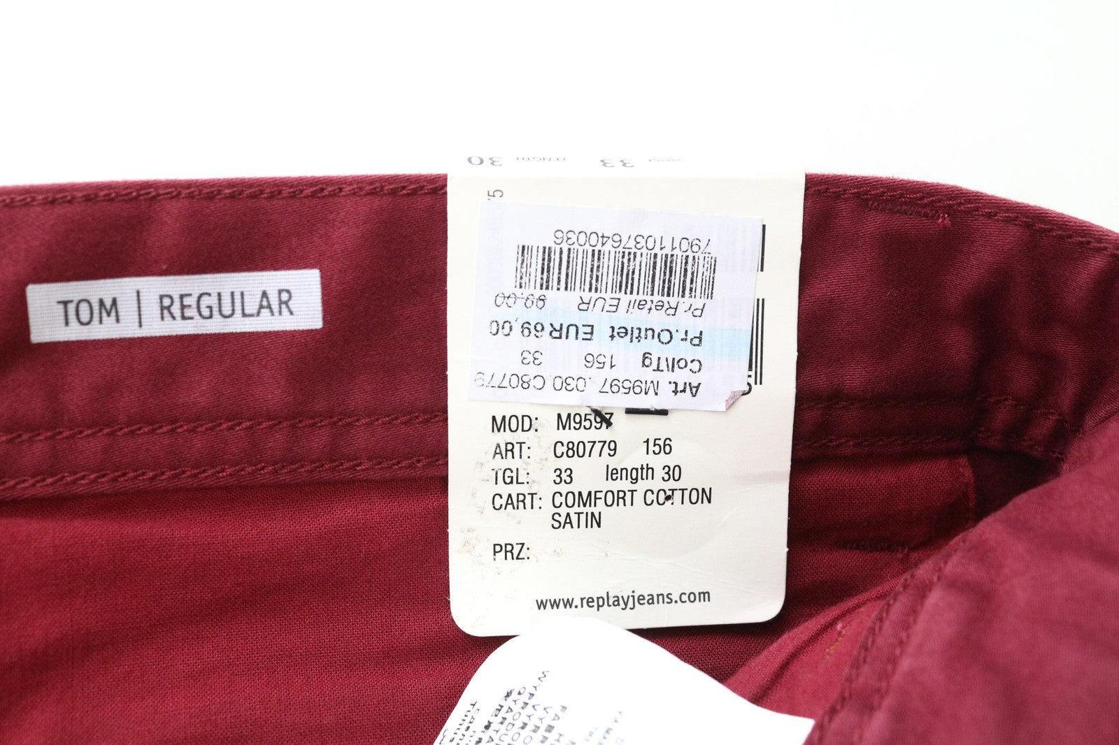 REPLAY Tom vyriškos kelnės W33 L30 plokščiu priekiu raudonos medvilninės tamprios laisvalaikio kelnės 