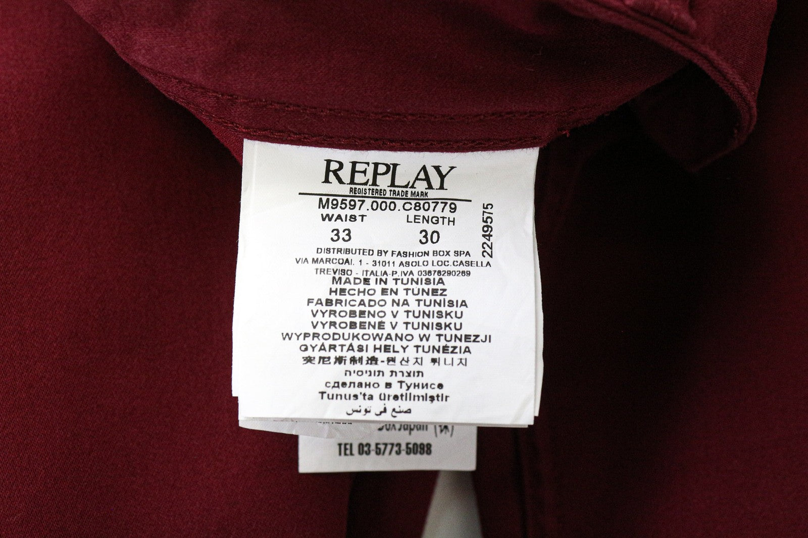 REPLAY Tom vyriškos kelnės W33 L30 plokščiu priekiu raudonos medvilninės tamprios laisvalaikio kelnės 