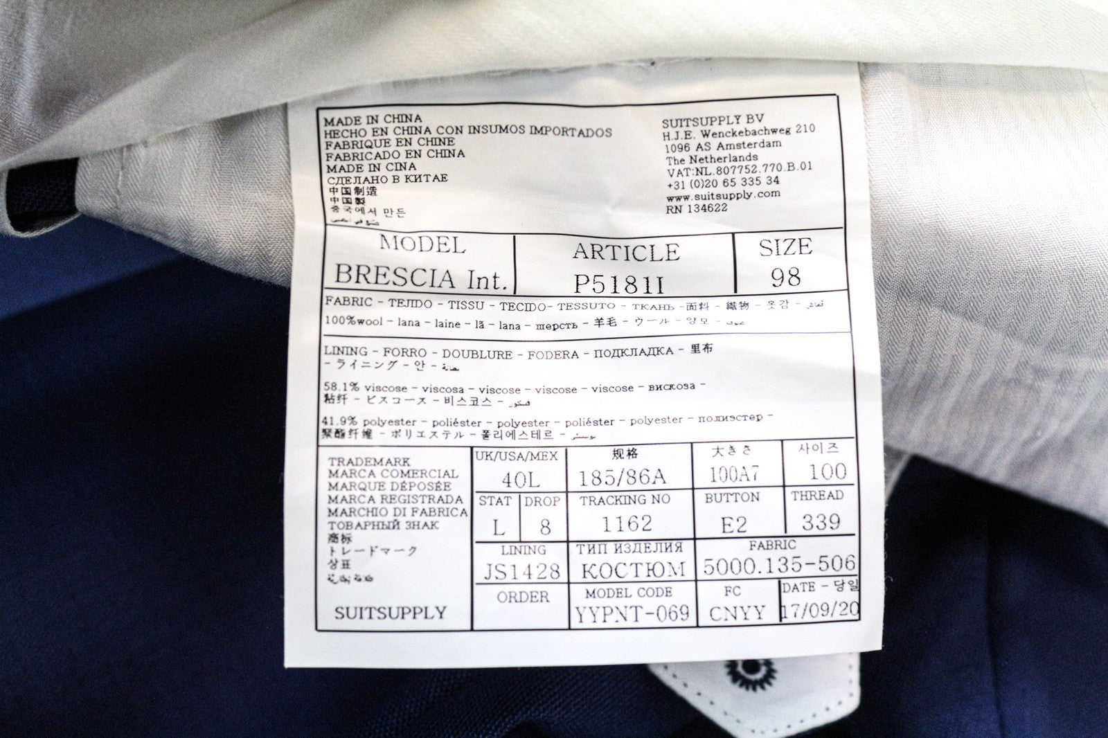 SUITSUPPLY Brescia vyriškos kelnės UK40L klostuotos mėlynos vilnonės klasikinės kelnės su pamušalu 