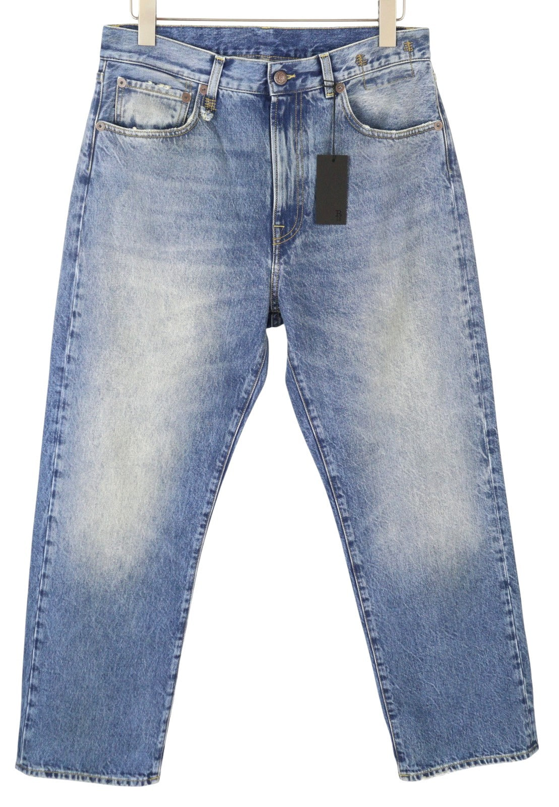 R13 Cuffed X-BF moteriški džinsai su rankogaliais 28 Jasper tiesaus kirpimo blukintos mėlynos spalvos džinsinis kelnės su užtrauktuku PF25 