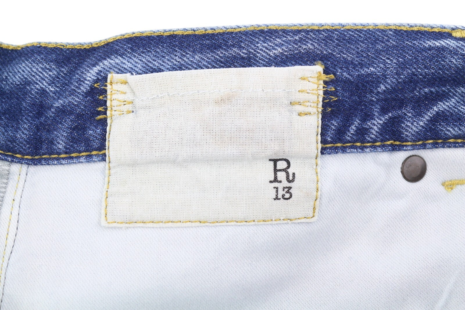 R13 Cuffed X-BF moteriški džinsai su rankogaliais 28 Jasper tiesaus kirpimo blukintos mėlynos spalvos džinsinis kelnės su užtrauktuku PF25 