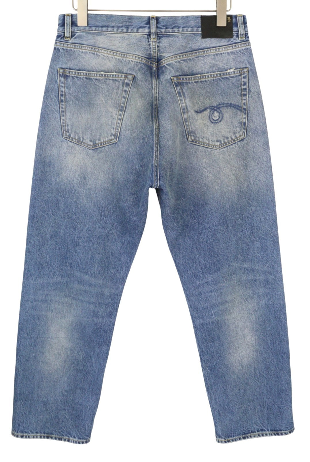 R13 Cuffed X-BF moteriški džinsai su rankogaliais 28 Jasper tiesaus kirpimo blukintos mėlynos spalvos džinsinis kelnės su užtrauktuku PF25 