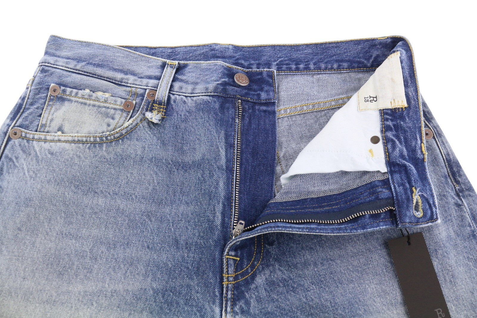 R13 Cuffed X-BF moteriški džinsai su rankogaliais 28 Jasper tiesaus kirpimo blukintos mėlynos spalvos džinsinis kelnės su užtrauktuku PF25 