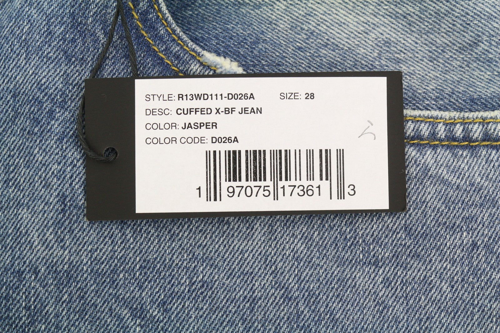 R13 Cuffed X-BF moteriški džinsai su rankogaliais 28 Jasper tiesaus kirpimo blukintos mėlynos spalvos džinsinis kelnės su užtrauktuku PF25 