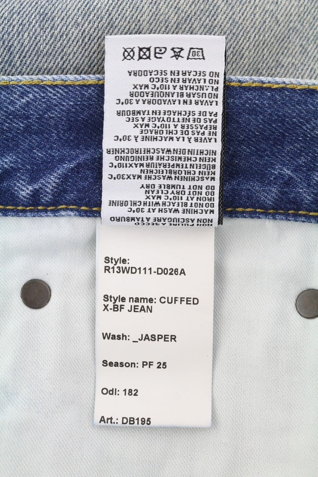 R13 Cuffed X-BF moteriški džinsai su rankogaliais 28 Jasper tiesaus kirpimo blukintos mėlynos spalvos džinsinis kelnės su užtrauktuku PF25 